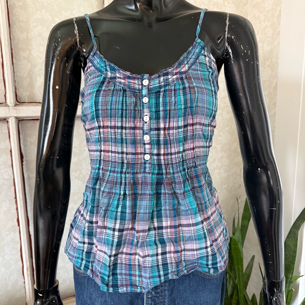 Aeropostale Plaid Sleeveless Cami Top Straps Button-down Tie Back Sz Medium